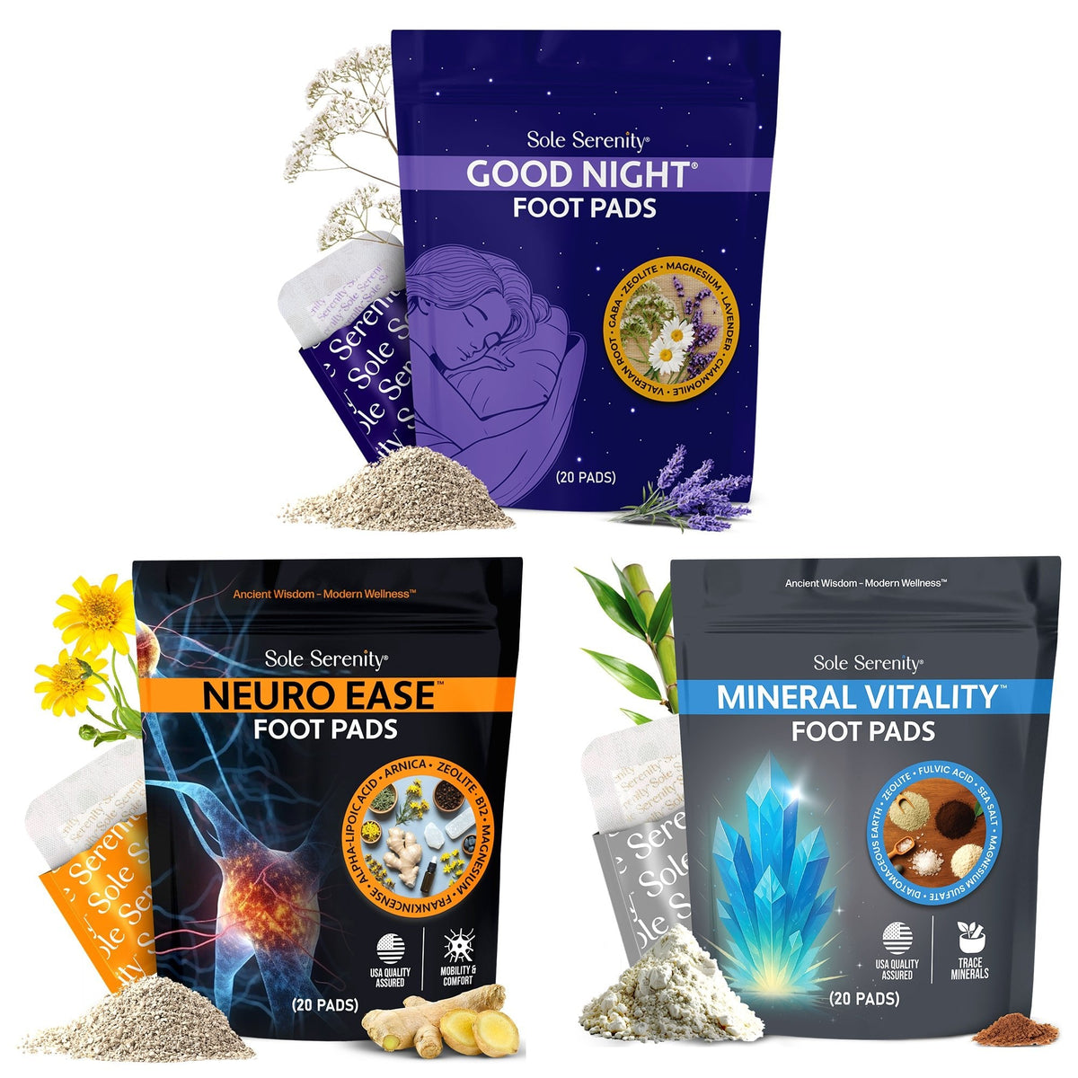 Neuro Ease + Good Night Sleep + Vital Minerals Foot Pads Bundle by Lure Essentials