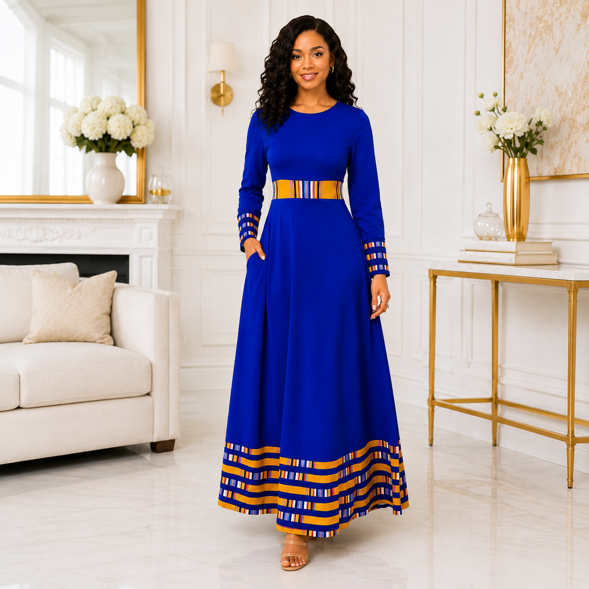 Duma Mbili Royal Blue Dashiki Trim Formal Long Sleeved Maxi Dress — image 2