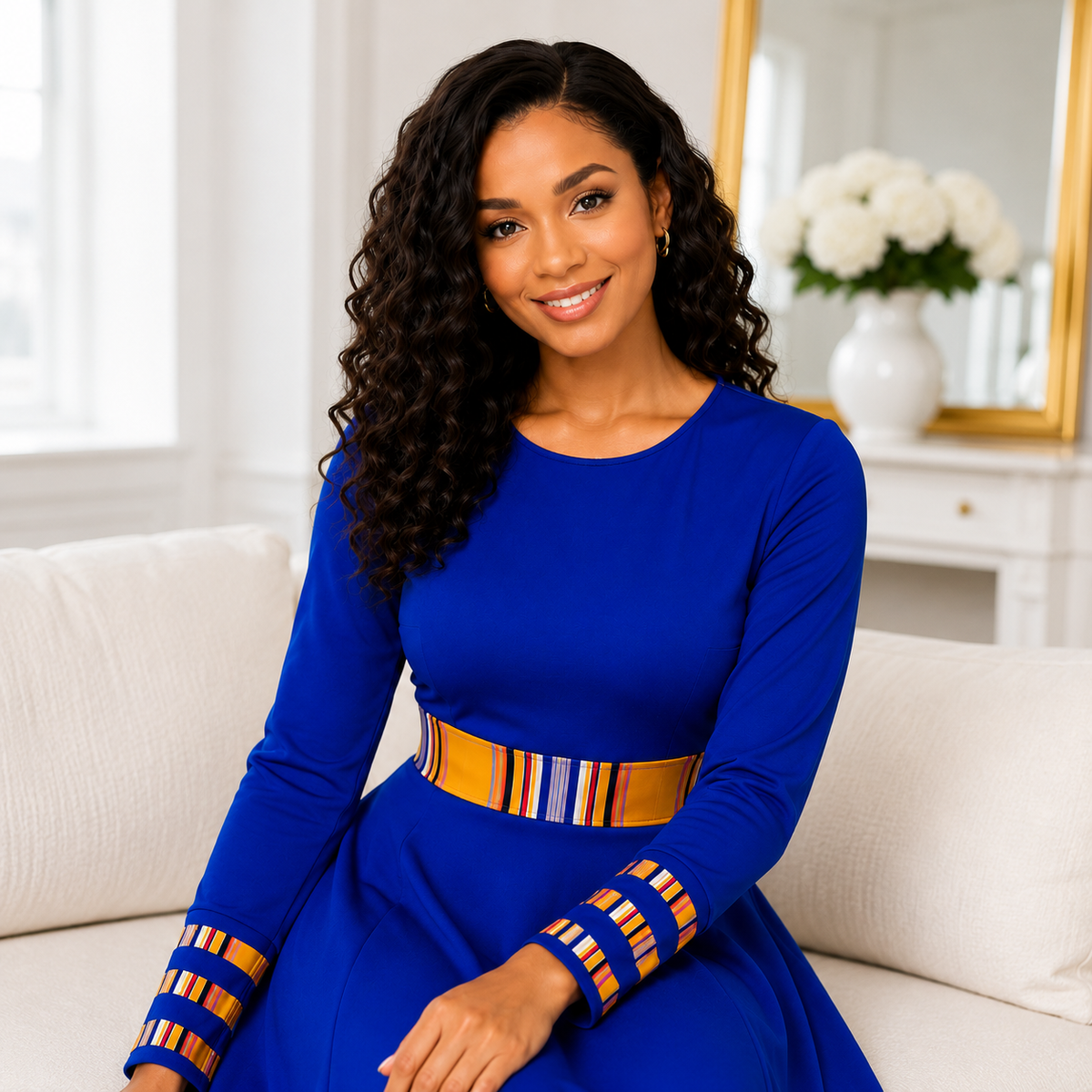 Duma Mbili Royal Blue Dashiki Trim Formal Long Sleeved Maxi Dress — image 5