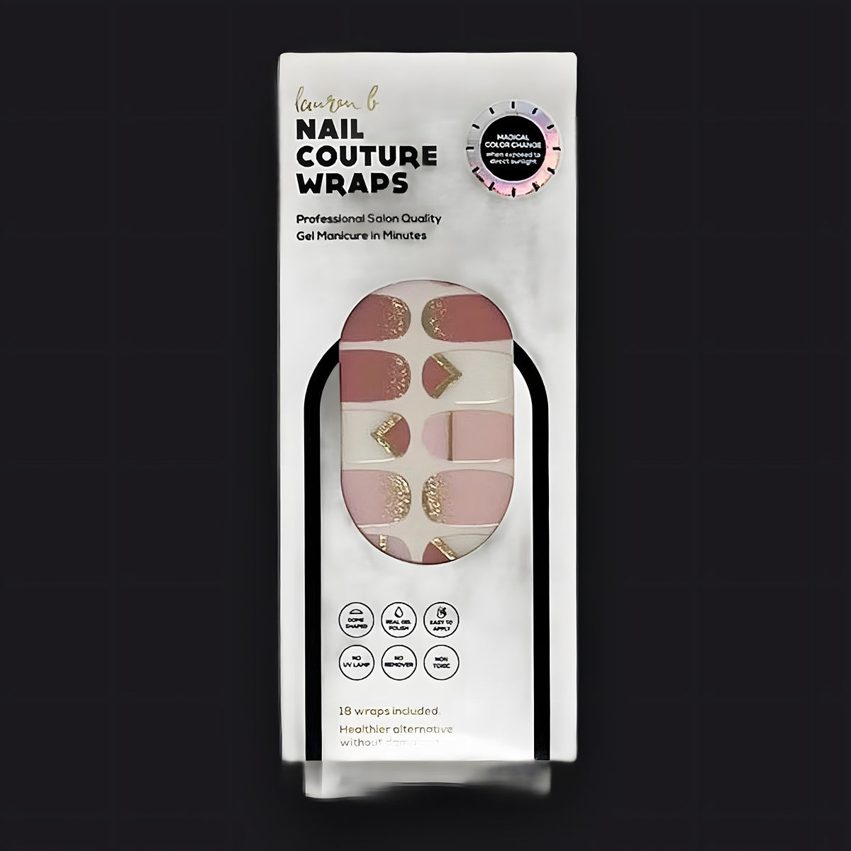 Lauren B. Beauty Color Change Pink & Gold geometric gel nail wraps displayed on a travertine surface with raw silk linen.