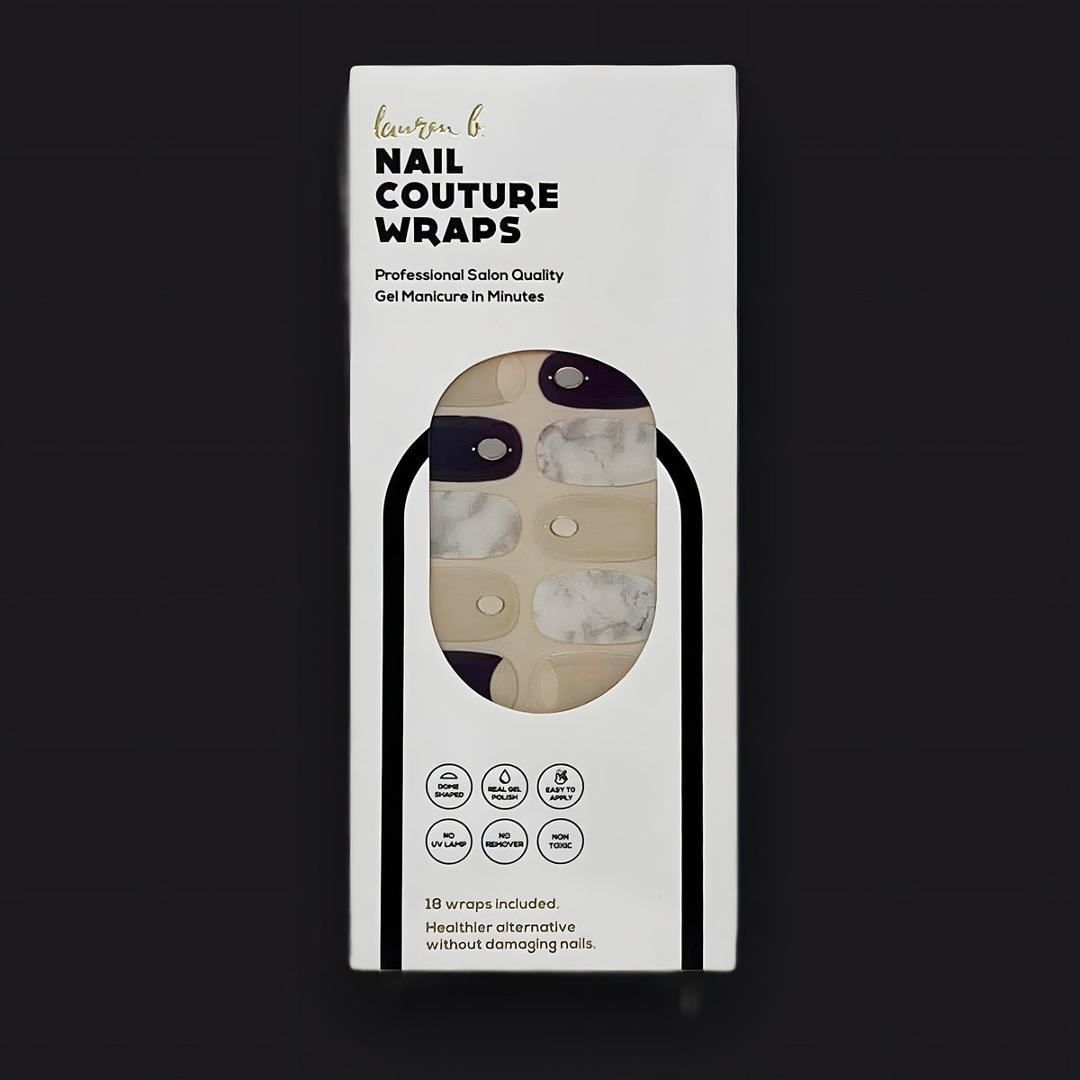 Lauren B. Beauty Reverse French Navy & Nude Marble Gel Nail Wrap in sleek, luxury packaging.