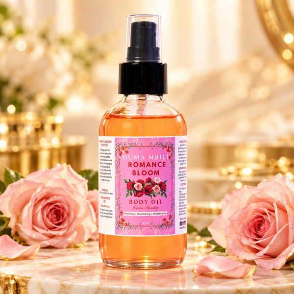 Adorn Collective Romance Bloom Body Oil by Duma Mbili LLC in a minimalist amber glass bottle resting on a travertine slab.