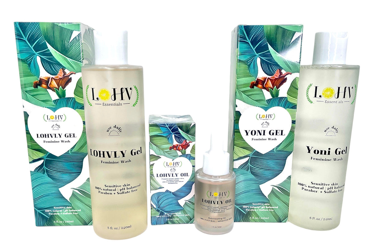 3 Step Kit For A Healthy Clean Yoni: YONI GEL pH Balance Wash + LOHVLY GEL Strawberry Flavored Relaxation Wash + LOHV Rose Oil Prevent Ingrown Hairs, Bumps, Sooth & Moisturizing Bikini Line. by LOHV ESSENTIALS