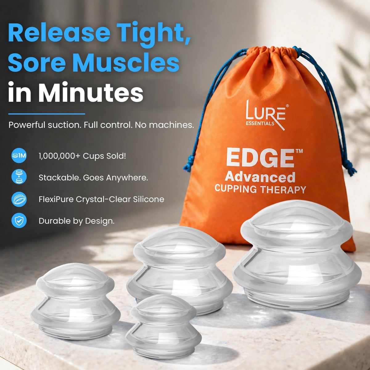 EDGE Silicone Cupping Therapy Massage Set Blue, 4 Cups — image 25