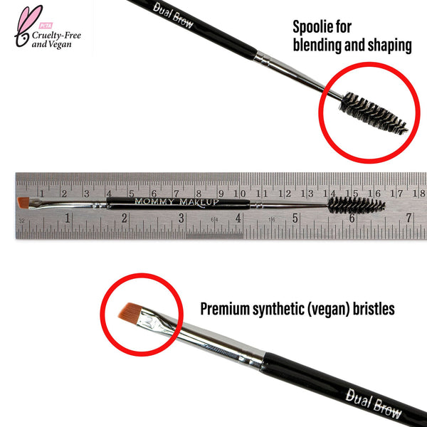 Mommy Makeup Dual Brow Brush featuring a sleek, professional-grade dual-ended wand resting on a travertine surface.