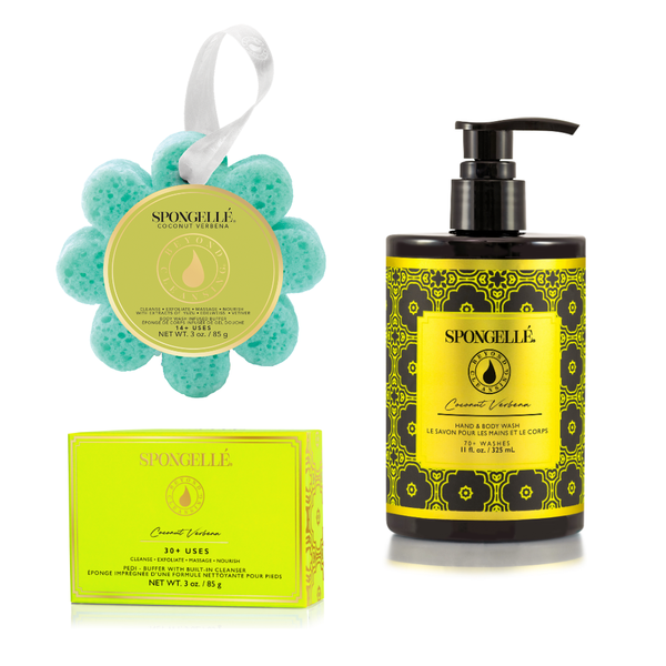 Spongellé Coconut Verbena body wash refill and infused sponge buffer gift set in soft, elegant packaging.