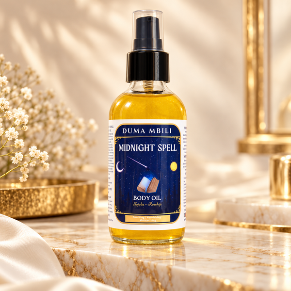 Adorn Collective Midnight Spell Body Oil in a sleek amber glass bottle, displayed elegantly on a raw travertine plinth.