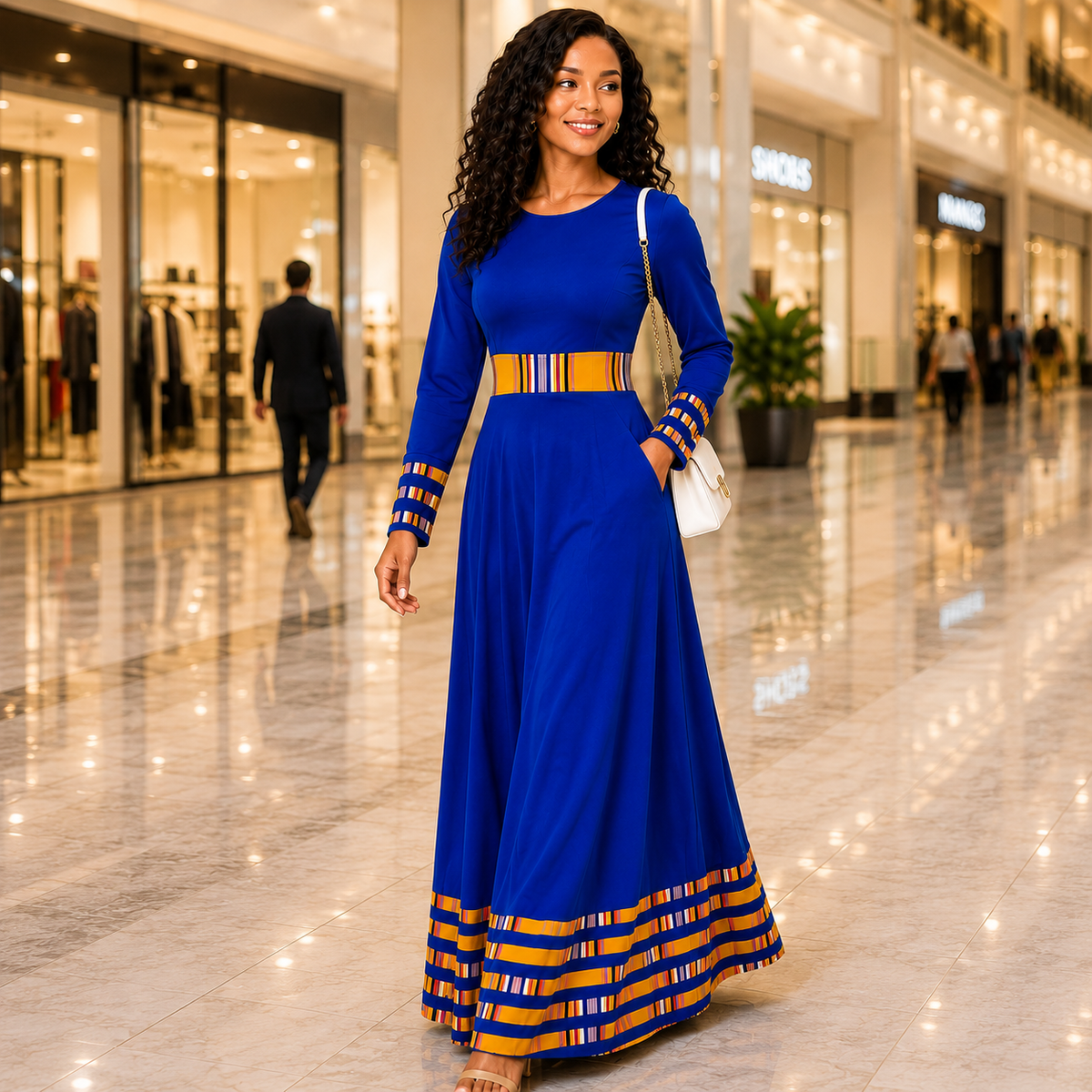 Duma Mbili Royal Blue Dashiki Trim Formal Long Sleeved Maxi Dress — image 4