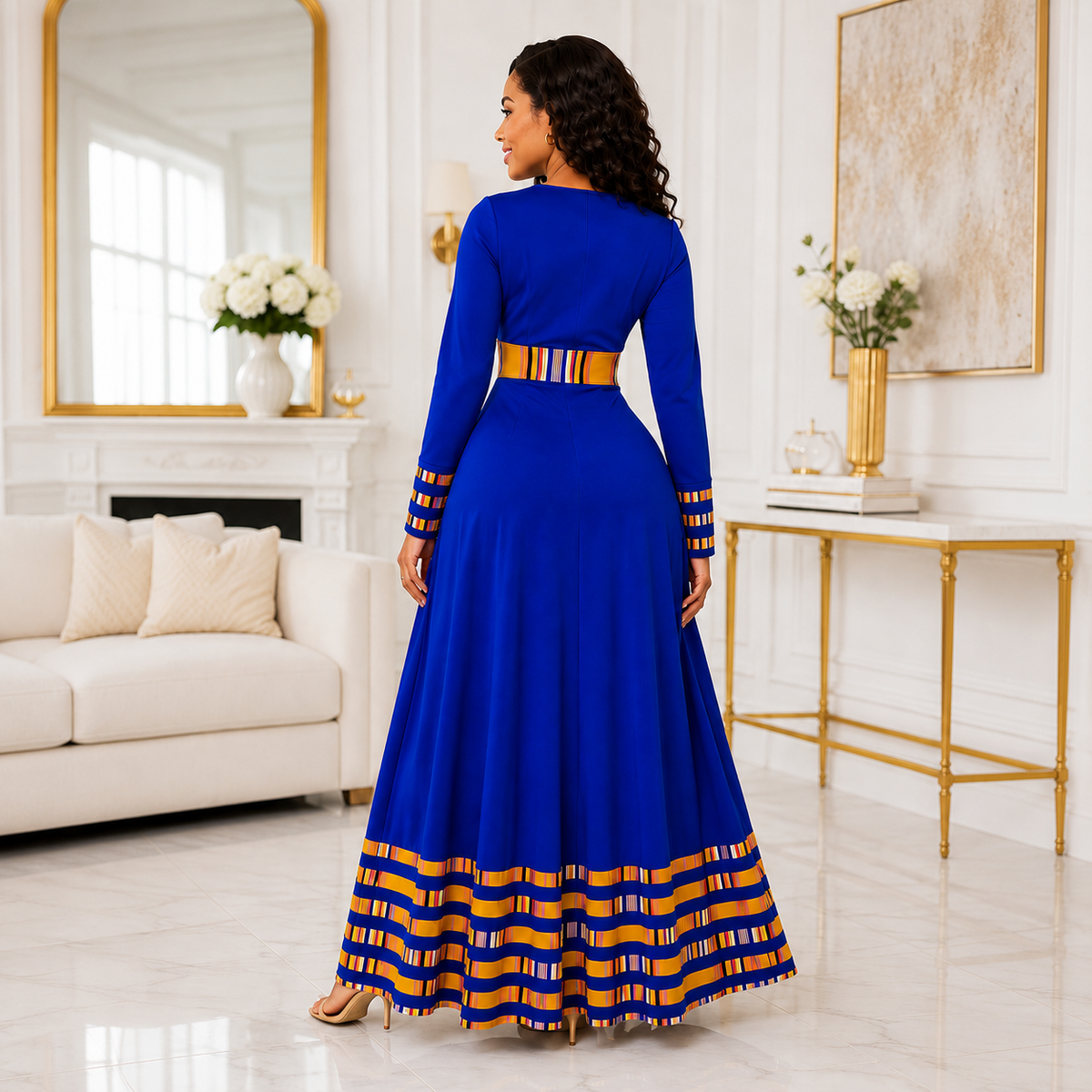 Duma Mbili Royal Blue Dashiki Trim Formal Long Sleeved Maxi Dress — image 3