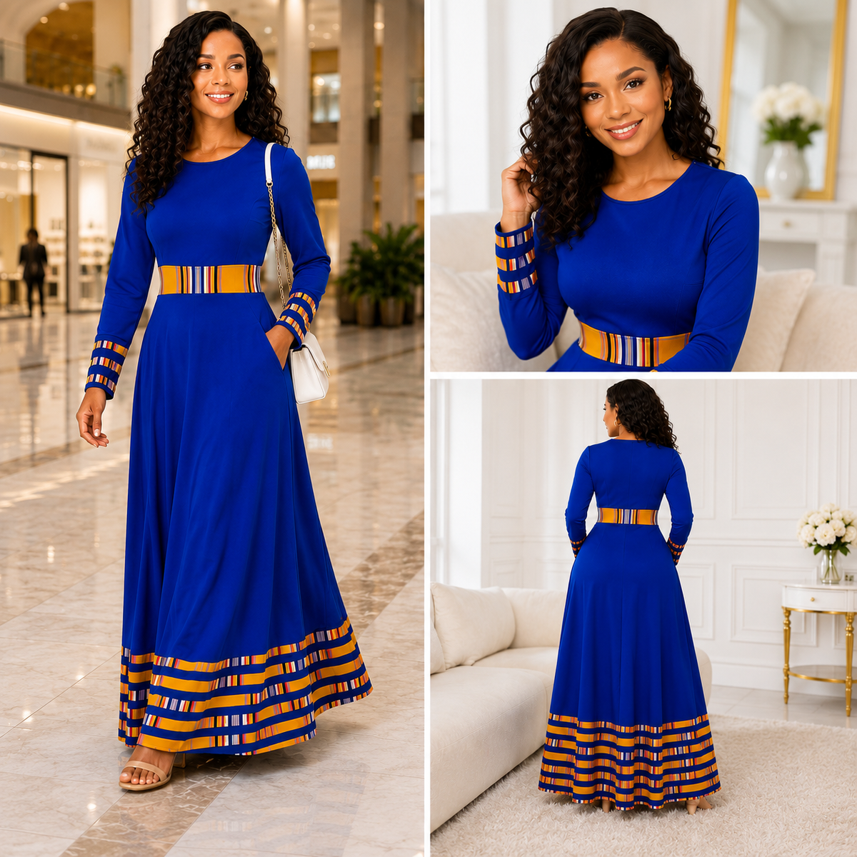 Duma Mbili Royal Blue Dashiki Trim Formal Long Sleeved Maxi Dress — image 6