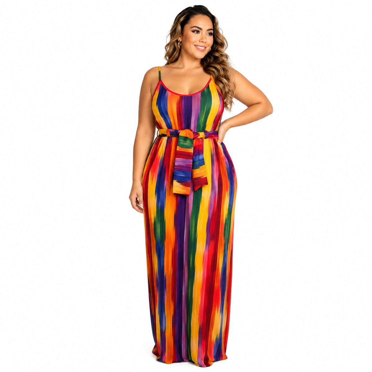 Duma Mbili Sleeveless Striped Maxi Dress with Matching Belt & Pockets by Duma Mbili LLC
