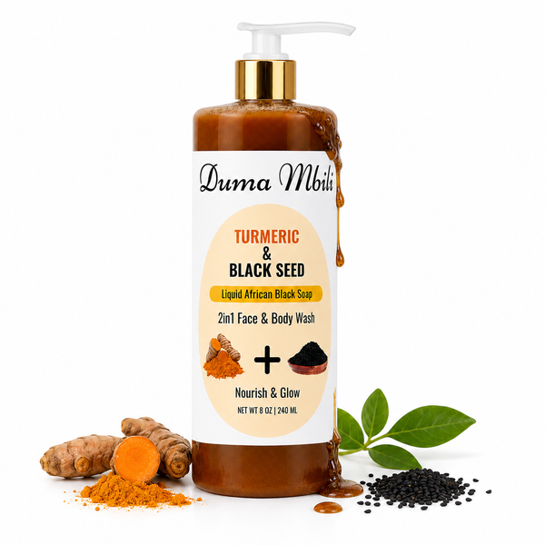 Duma Mbili Turmeric & Black Seed African Black Soap in a minimalist amber glass bottle against a neutral stone background.