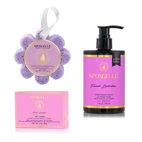 Spongellé French Lavender Wild Flower Pedi Buffer and Body Wash Refill Set displayed in an elegant, minimalist gift box.