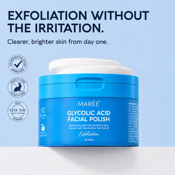 Marée Glycolic Acid Exfoliating Pads housed in a sleek, minimalist white jar on a textured surface.