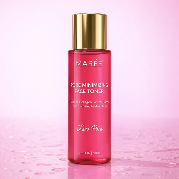 Marée Hydrating Pore Refining Toner bottle displayed on a minimalist travertine stone surface.