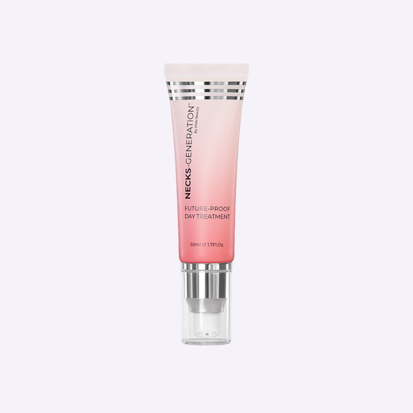 PRAI Beauty Necks-Generation Future-Proof Day Treatment in a sleek metallic jar set against a luxury textured backdrop.