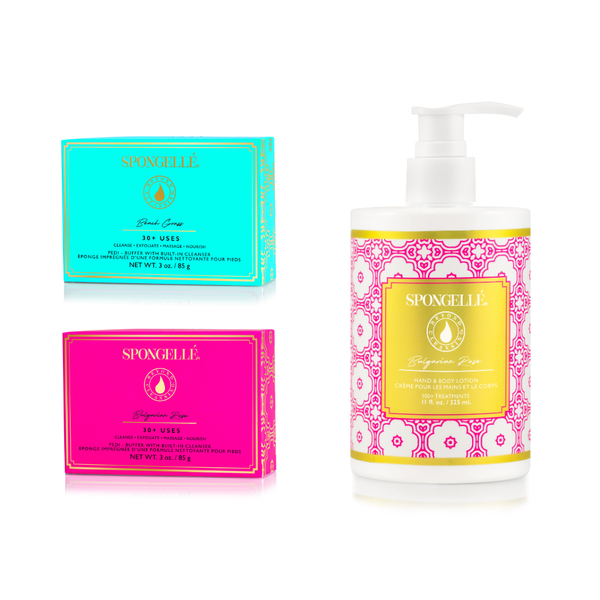 Spongellé Beach Grass & Bulgarian Rose Pedi Buffer and Body Lotion set displayed in elegant, minimalist packaging.