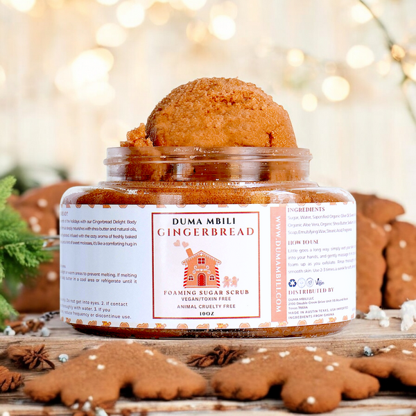 Adorn Collective Gingerbread Foaming Sugar Scrub in a frosted glass jar, set against a warm, minimalist aesthetic.