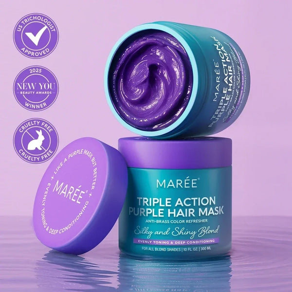 Marée Purple Mask for blonde hair in a minimalist glass jar resting on a beige travertine plinth, editorial aesthetic.