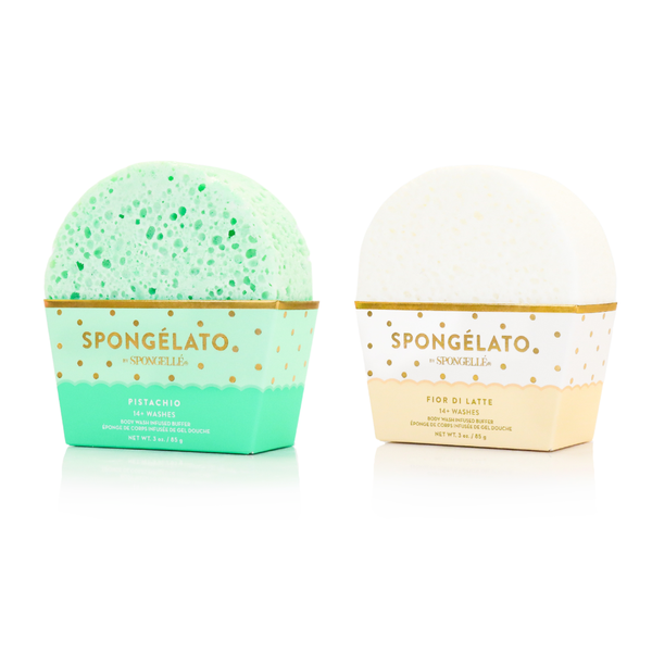 Spongellé Spongelato Body Buffer Set displayed in a chic, pastel-toned gift box, showcasing artisan-crafted sponges.