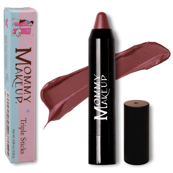 Mommy Makeup Triple Sticks in Gigi, a multi-use cream lipstick housed in a sleek, minimalist champagne-toned twist tube.