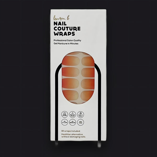 Lauren B. Beauty Apricot Gradient Gel Nail Wrap set in minimalist luxury packaging.
