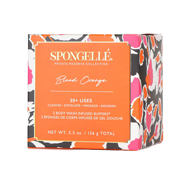 Spongellé Blood Orange Boxed Duo body wash infused buffer sitting elegantly inside a cream-colored minimalist box.