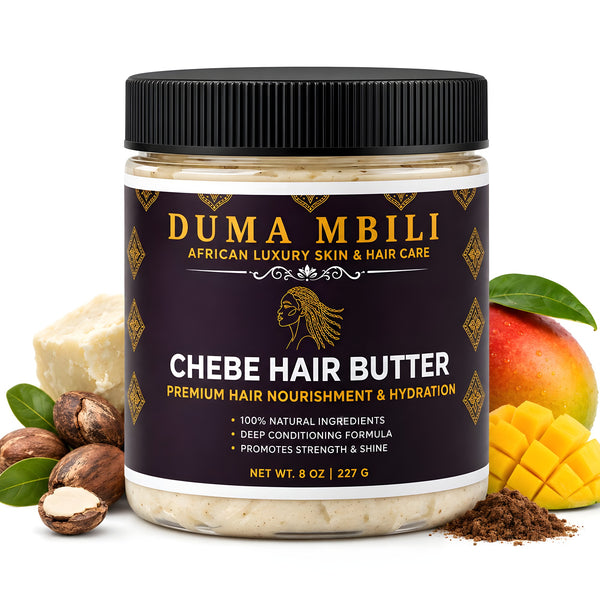 Adorn Collective Chebe Hair Butter in a minimalist amber glass jar resting on a travertine plinth with raw silk textures.
