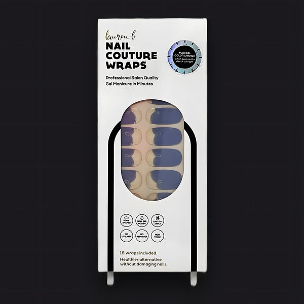 Lauren B. Beauty Color Change Malibu Coastline Cobalt Gel Nail Wraps presented on a textured travertine surface.
