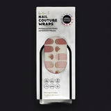 Lauren B. Beauty Color Change Pink & Gold geometric gel nail wraps displayed on a travertine surface with raw silk linen.