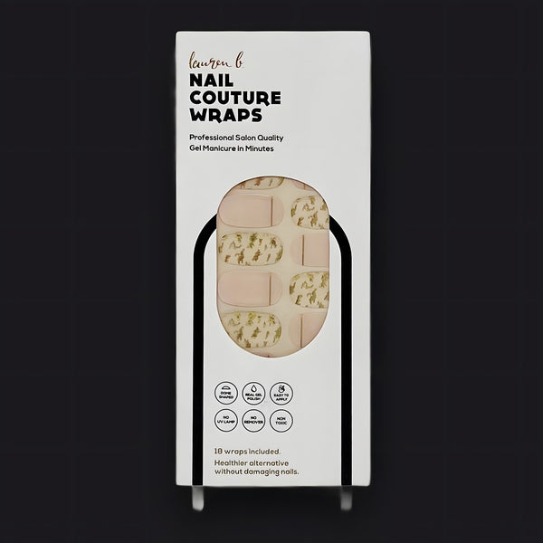 Lauren B. Beauty Gold Leaf & Blush Gel Nail Wraps in elegant minimalist packaging featuring gold foil detail.
