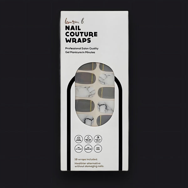 Lauren B. Beauty Grey & Gold Marble Gel Nail Wrap set in elegant minimalist packaging.