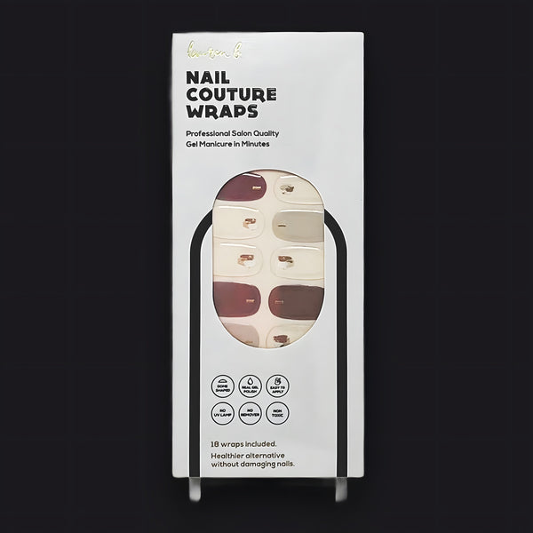 Lauren B. Beauty Milky Beige Abstract Gel Nail Wrap displayed in sleek minimalist champagne-gold packaging.