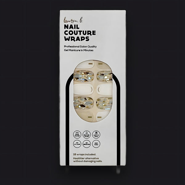 Lauren B. Beauty Mood Royal Gel Nail Wraps in sleek, minimalist packaging resting on a textured champagne-toned surface.