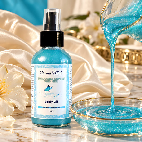Adorn Collective Turquoise Summer Shimmer Body Oil in a minimalist glass bottle resting on a textured travertine plinth.